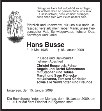 Traueranzeige von Hans Busse von ALLGEMEINE ZEITUNG UELZEN