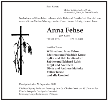 Traueranzeige von Anna Fehse von ALLGEMEINE ZEITUNG UELZEN