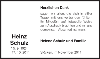 Traueranzeige von Heinz Schulz von ALLGEMEINE ZEITUNG UELZEN