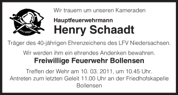 Traueranzeige von Henry Schaadt von ALLGEMEINE ZEITUNG UELZEN