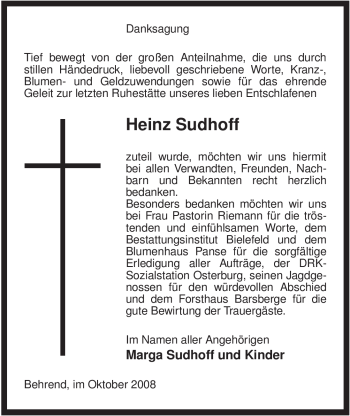 Traueranzeige von Heinz Sudhoff von ALLGEMEINE ZEITUNG UELZEN