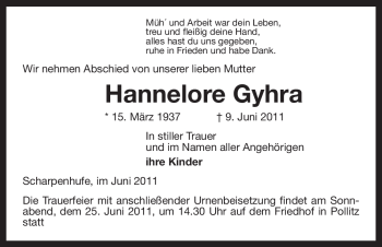 Traueranzeige von Hannelore Gyhra von ALLGEMEINE ZEITUNG UELZEN