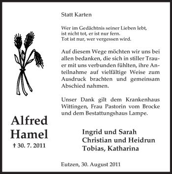 Traueranzeige von Alfred Hamel von ALLGEMEINE ZEITUNG UELZEN