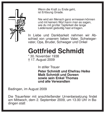 Traueranzeige von Gottfried Schmidt von ALLGEMEINE ZEITUNG UELZEN