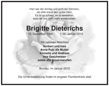 Traueranzeige von Brigitte Dieterichs von ALLGEMEINE ZEITUNG UELZEN