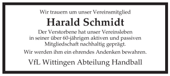 Traueranzeige von Harald Schmidt von ALLGEMEINE ZEITUNG UELZEN