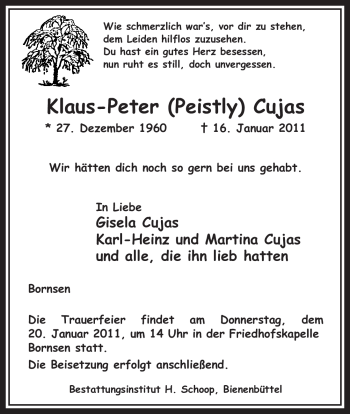 Traueranzeige von Klaus-Peter Cujas von ALLGEMEINE ZEITUNG UELZEN