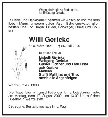 Traueranzeige von Willi Gericke von ALLGEMEINE ZEITUNG UELZEN