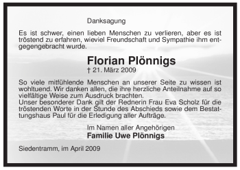 Traueranzeige von Florian Plönnigs von ALLGEMEINE ZEITUNG UELZEN