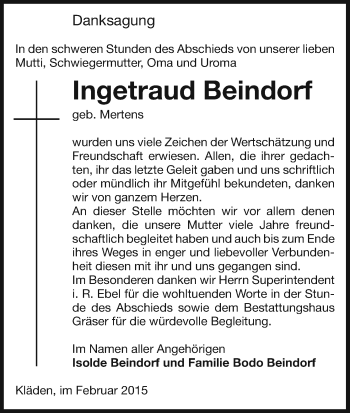 Traueranzeige von Ingetraud Beindorf von Uelzen