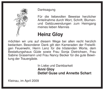Traueranzeige von Heinz Gloy von ALLGEMEINE ZEITUNG UELZEN