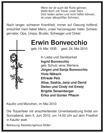 Traueranzeige von Erwin Bonvecchio von ALLGEMEINE ZEITUNG UELZEN