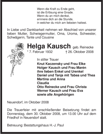 Traueranzeige von Helga Kausch von ALLGEMEINE ZEITUNG UELZEN