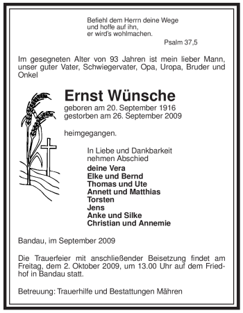 Traueranzeige von Ernst Wünsche von ALLGEMEINE ZEITUNG UELZEN