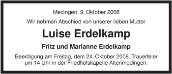 Traueranzeige von Luise Erdelkamp von ALLGEMEINE ZEITUNG UELZEN