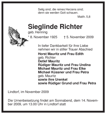 Traueranzeige von Sieglinde Richter von ALLGEMEINE ZEITUNG UELZEN