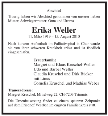 Traueranzeige von Erika Weller von ALLGEMEINE ZEITUNG UELZEN