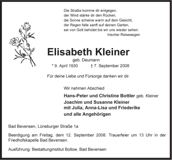 Traueranzeige von Elisabeth Kleiner von ALLGEMEINE ZEITUNG UELZEN