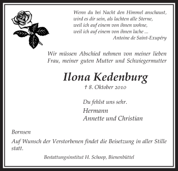 Traueranzeige von Ilona Kedenburg von ALLGEMEINE ZEITUNG UELZEN