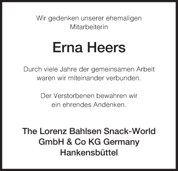 Traueranzeige von Erna Heers von Uelzen