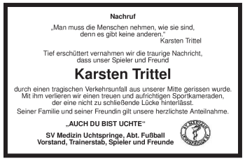 Traueranzeige von Karsten Trittel von ALLGEMEINE ZEITUNG UELZEN