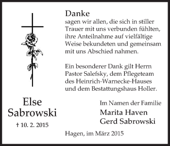 Traueranzeige von Else Sabrowski von Uelzen