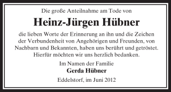 Traueranzeige von Heinz-Jürgen Hübner von ALLGEMEINE ZEITUNG UELZEN