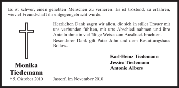 Traueranzeige von Monika Tiedemann von ALLGEMEINE ZEITUNG UELZEN