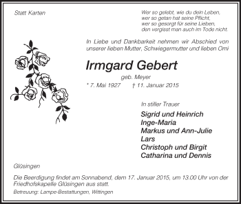 Traueranzeige von Irmgard Gebert von Uelzen