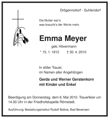 Traueranzeige von Emma Meyer von ALLGEMEINE ZEITUNG UELZEN