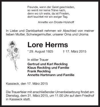 Traueranzeige von Lore Herms von Uelzen