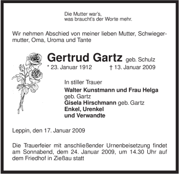 Traueranzeige von Gertrud Gartz von ALLGEMEINE ZEITUNG UELZEN