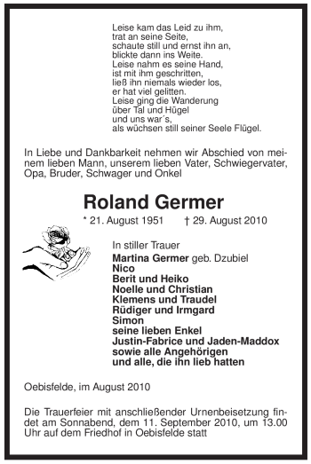 Traueranzeigen von Roland Germer | AZ.Trauer.de