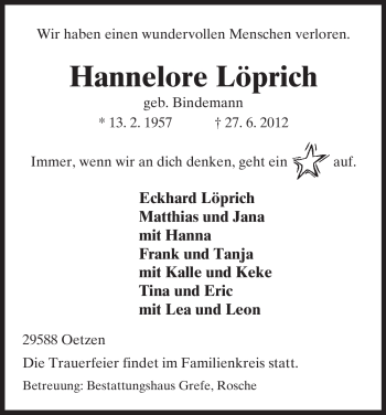 Traueranzeige von Hannelore Löprich von ALLGEMEINE ZEITUNG UELZEN