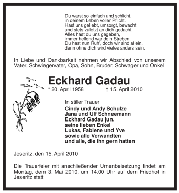 Traueranzeige von Eckhard Gadau von ALLGEMEINE ZEITUNG UELZEN