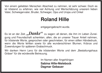 Traueranzeige von Roland Hille von ALLGEMEINE ZEITUNG UELZEN