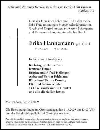 Traueranzeige von Erika Hannemann von ALLGEMEINE ZEITUNG UELZEN