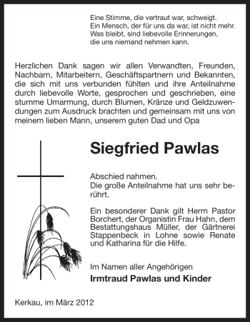 Traueranzeige von Siegfried Pawlas von ALLGEMEINE ZEITUNG UELZEN