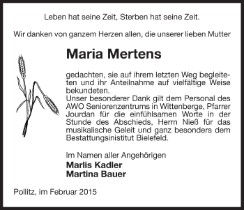 Traueranzeige von Maria Mertens von Uelzen