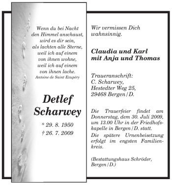 Traueranzeige von Detlef Scharwey von ALLGEMEINE ZEITUNG UELZEN