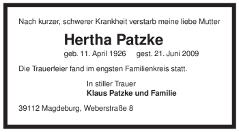 Traueranzeige von Hertha Patzke von ALLGEMEINE ZEITUNG UELZEN