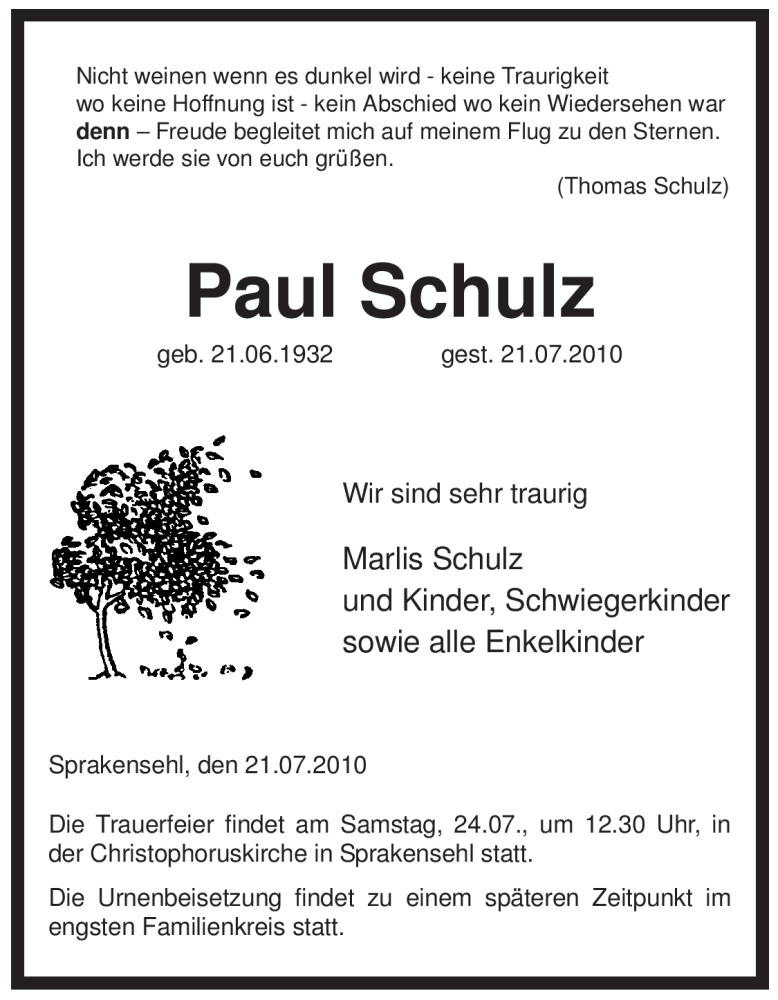  Traueranzeige für Paul Schulz vom 23.07.2010 aus ALLGEMEINE ZEITUNG UELZEN