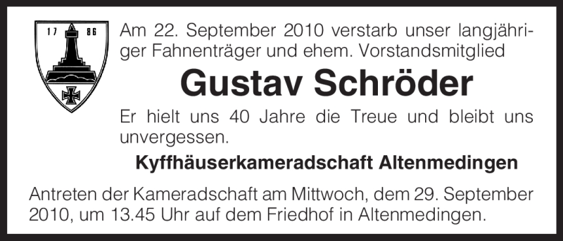  Traueranzeige für Gustav Schröder vom 25.09.2010 aus ALLGEMEINE ZEITUNG UELZEN