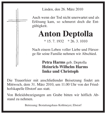 Traueranzeige von Anton Deptolla von ALLGEMEINE ZEITUNG UELZEN