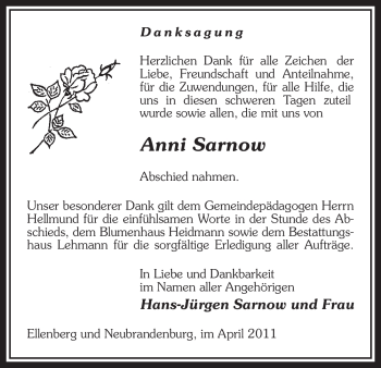 Traueranzeige von Anni Sarnow von ALLGEMEINE ZEITUNG UELZEN