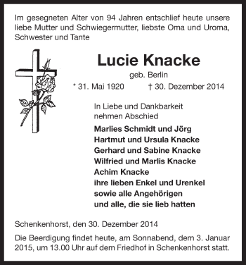 Traueranzeige von Lucie Knacke von Uelzen