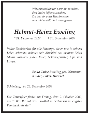 Traueranzeige von Helmut-Heinz Eweling von ALLGEMEINE ZEITUNG UELZEN