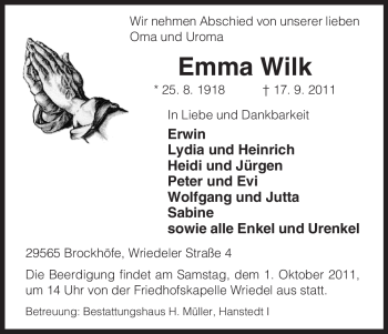 Traueranzeige von Emma Wilk von ALLGEMEINE ZEITUNG UELZEN