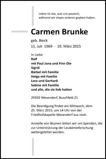 Traueranzeige von Carmen Brunke von Uelzen