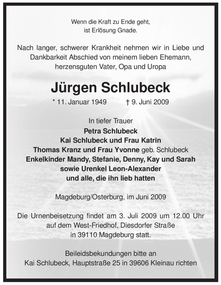  Traueranzeige für Jürgen Schlubeck vom 11.06.2009 aus ALLGEMEINE ZEITUNG UELZEN